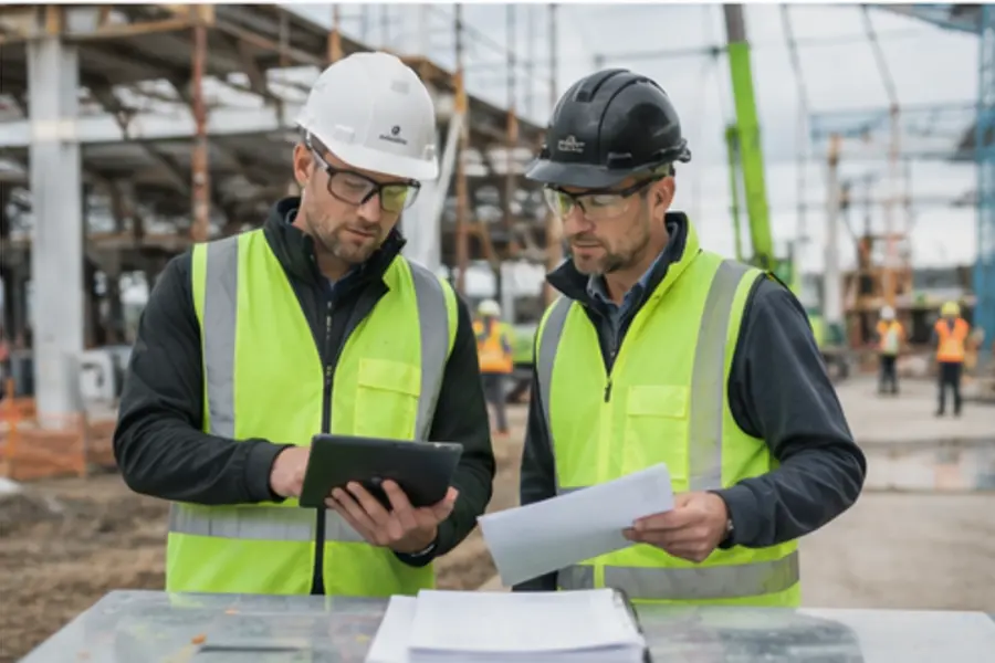 Construction team reviewing health and safety documentation